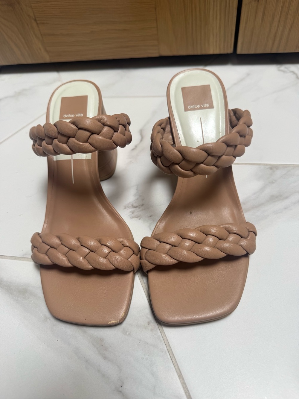 Dolce Vita Braided Double-Strap Mid Block Heels — Taupe